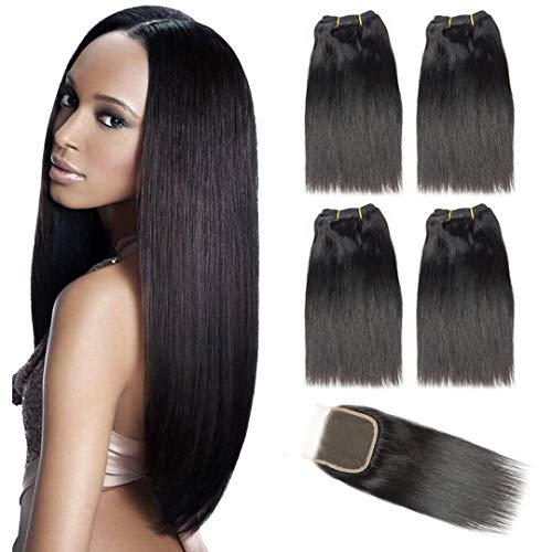 Brazilian Straight With Lace Closure Unprocessed 100% Human Hair 4 Bundles with 4x4 Free Part Closure Natural Black (8'' 8'' 8'' 8''With 8'' Closure)
