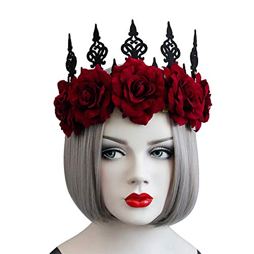 Rose Crown Flower Headband Wreath for Women Girls Ladies Floral Headwear Gothic Hair Band Hair Hoop Fancy Dress Up Costume Accessory Cosplay Party Halloween Hairband Decor Photography Props