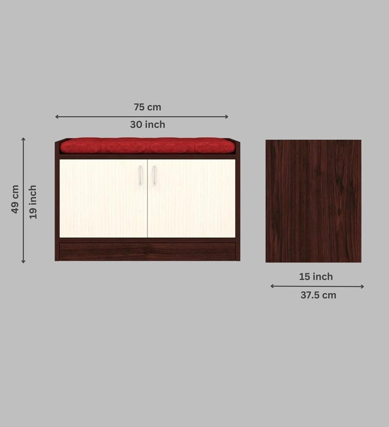Image of 2 Door Wooden Shoe Rack with Cushioned Seating Bench for Entryway | Shoe Storage Cabinet with Doors for Home & Hallway | Space Saving Shoe Organizer Stand | Red Cushion Cream Brown | DIY Assembly