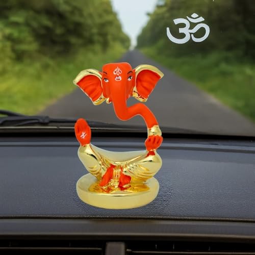 Image of Gold Plated Divine Ganesha | Red & Gold Ganpati Idol for Car Dashboard, Office Desk & Home Temple | Prosperity & Protection|Travel-Friendly |Good Luck & Blessings| Height 1.9 Inch