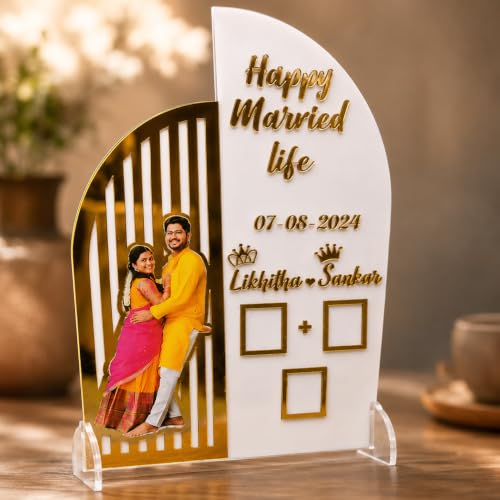 Image of Couple Thumb Gift with Photo (27.90 Cm X 20.30 Cm)| Wedding Thumb Print | Finger Print Gift| Personalized Text | Golden Metal Design (Photo Model)