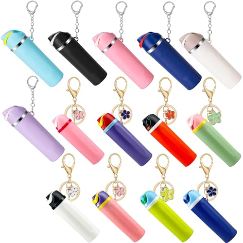 ERTUNA Mini Trendy Bottle Keychain Accessories Compatible with Owala Water Bottle, Cute Tumbler Cup Chapstick Lip Balm Holder Charms for Purse Handbag - 14 Pack(8 Flower)