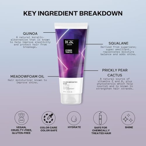 Image of IGK Cyber Tokyo | Intense Violet Hair Gloss + Color Depositing Mask | Boost Shine, Enhance Violet Tones, Refresh Color | Semi Permanent Conditioning Treatment | Vegan | 6 oz