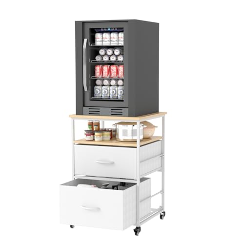 Suuiwau Mini Fridge Stand with Storage Mobile Refrigerator Table Mini Fridge Cabinet Rolling Compact Fridge Cart Beverage Fridge Table with Wheels for Kitchen Bedroom Office Dorm, White