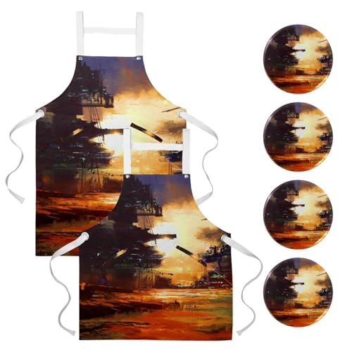 Lot de 2 tabliers de cuisine Ville de science-fiction réglables avec 4 broches pour bistrot