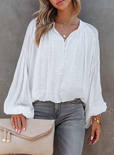 Dokotoo Spring Tops Womens 2023 Balloon Long Sleeve Shirts V Neck Button Down Flowy Blouses Babydoll Clothing For Women White L #TOP2