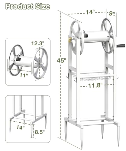 Image of Freestanding Garden Hose Reel holds 125ft Hose of 5 /8 inch with 4 Hooks, 4-Spike Outdoor Hose Holder with 3.9ft Leader Hose & Brass Fitting, Detachable Metal Hose Stand with Storage Rack, White
