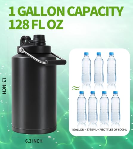 Image of Insulated Water Bottle,1 Gallon Jug with Handle, 128oz Stainless Steel, Large Water Wide Mouth Bottle for Hot & Cold Drinks, Wide Mouth, Ideal for Travel, Camping, Family (Black)