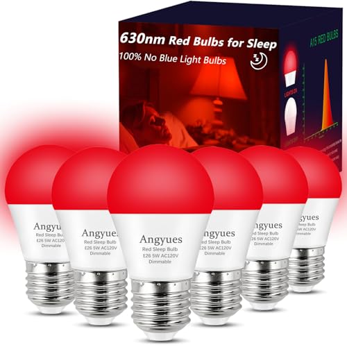 Angyues 630nm Red Light Bulb for Sleep Dimmable, 100% Blue Light Blocking, Promotes Melatonin Production, E26 A15 LED 5W Red Dim Night Light for Baby's Bedroom, Sleeping, 6Pack