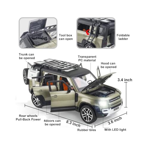 Image of DEOXY 1:24 Scale Land Rover Defender Die-Cast Model SUV - White Off-Road Friction Toy Car with Openable Doors, Roof Rack, Pull Back Action, Lights & Sound - Metal Body for Kids