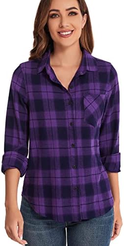 Flannel Plaid Cotton Shirt for Women Long Sleeve Button Down Casual Blouse Purple Black Plaid L