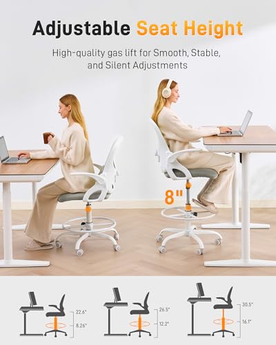 Image of LukkDys Drafting Chair with 4D Multi-Adjustable Backrest, Tall Office Chair 19.7 inch-27.6 inch Seat Height, Ergonomic Standing Desk Chair with Flip-up Arms, Foot Ring, Grey&White