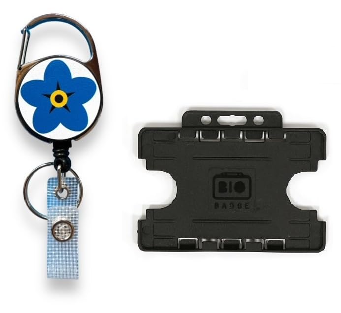 Alzheimer's/Dementia Forget Me Not Flower - Retractable Badge Reel with Belt Clip & Black Horrizontal ID Card Holder