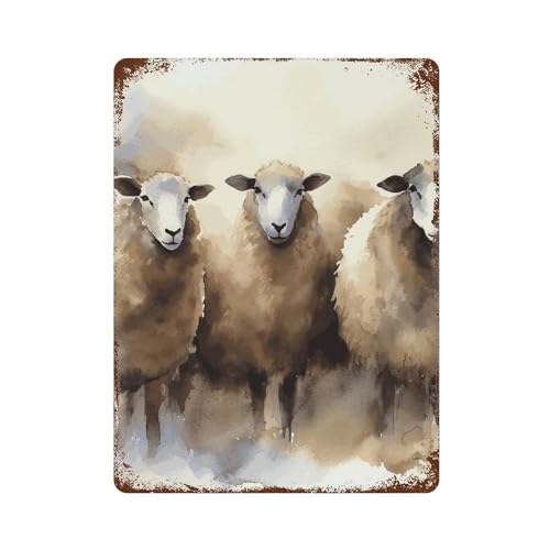 Tableau vintage en métal motif moutons pour décoration murale