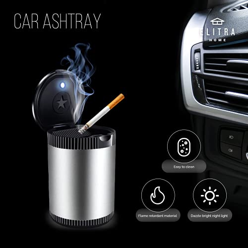 Auto Car Ashtray Portable With Led Light Ashtray Smokeless Smoking Stand Cylinder Odor Remover Smoke Diffuser – Silver – By Elitra Home #TOP2