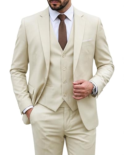 Image of MY'S Men's 3 Piece Suit Set with Tie, One Button Slim Fit Solid Jacket Vest Pants, Prom Party Wedding Business Suits for Men