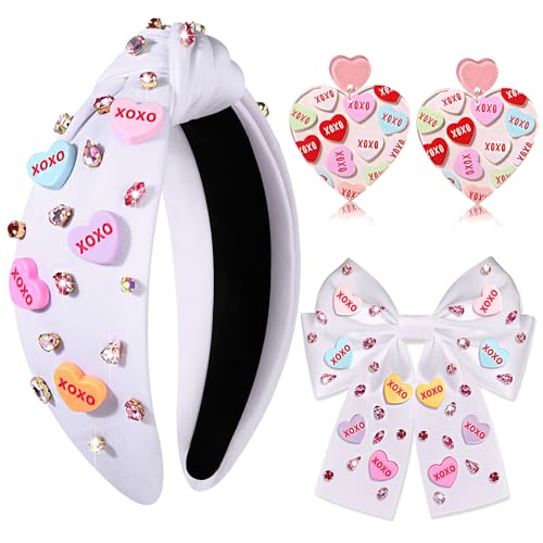 mokkia Valentine’s Day Headbands Hair Bows for Women LOVE XO HUG ME Conversation Heart Headbands Dangle Earrings Hair Ribbon Clips Valentine’s Day Party Favors Gifts (Pattern F)