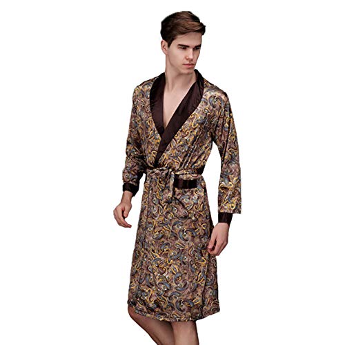 Mens Nightshirts Men's Artificial Silk Pajamas Men's Mid-Length Home Pajamas Long-Sleeved Home Wear Navy Blue XXL (Coffee XX)