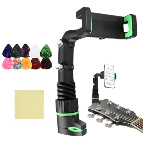 Mowpiny Guitar Phone Holder Clamp Mount Adjustable Guitar Head Clip Phone Holder with Wiping Cloth and 10 Picks Multifunction Mount with Bass Clip for Live Broadcast Teaching Video Recording
