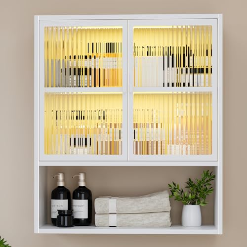 Image of Wall Mounted Bathroom Cabinet with Glass Doors, Metal Over Toilet Storage Cabinets with Open Shelves, Medicine Cabinets for Bathroom, Living Room, Bedroom, White