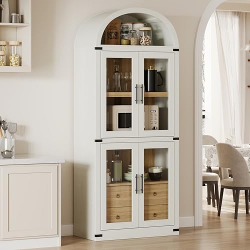GarveeHome Arched Bookshelf with Doors and Drawers Farmhouse Bookcase 15.83in Depth Display Storage Shelves 71.4in Tall Wooden Display Cabinet Rounded Bookcases (White)