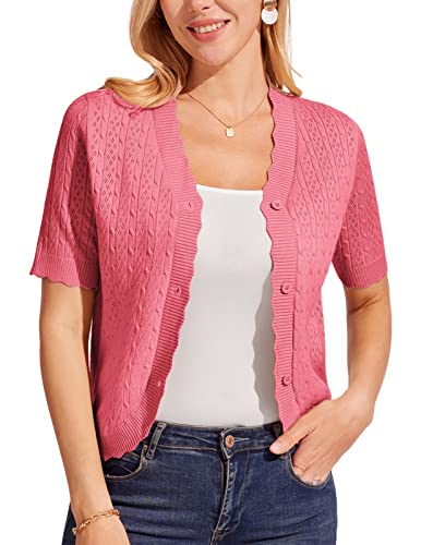 Short Sleeve Cardigan For Women Vee Neck Crochet Sweater Jacket Cropped Bolero Shrug Cardigan(Watermelon S) #TOP11