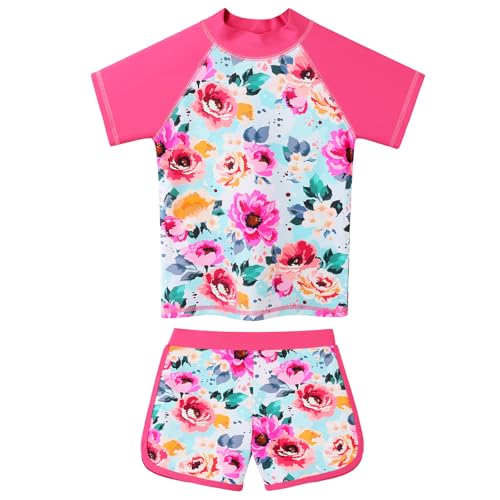 Image of BAOHULU Girls Rash Guard Swimsuit Two Piece Bathing Suit UPF 50+ Short Sleeve Summer Beach Swimwear Size 3-14 Years