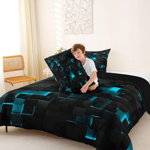Image of Erosebridal Black Teal Comforter Set Queen Neon Turquoise Geometric Checkered Bedding Set for Boys Gaming Room Decor,Teen Men Abstract Stereoscopic Grids Quilt Square Plaid Bed Set 3 Pcs