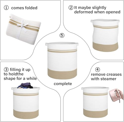 Image of Storage Rope Laundry Hamper Basket for Clothes, Towels and Blankets in Livingroom, Bedroom, Laundry Room and Basket for Nursery Storage (Size - 14 inch x 14 inch x 16 inch) (Beige White Stripe)