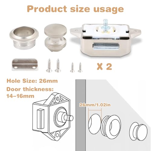 2 Stück Cabinet Push Button Lock, Push Button Catch Door Lock Metal, Verriegelung Schubladen Druckschloss, Schlüsselloses Druckknopfschloss, für Wohnmobile, Yachten