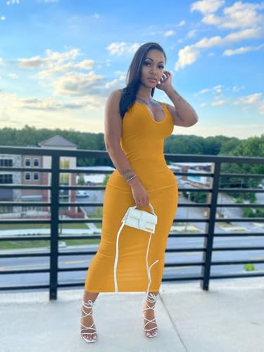 Image of Nimsruc Women Casual Sexy Deep U Neck Tank Top Bodycon Dress Summer Sleeveless Wrap Long Basic Party Club Maxi Dresses