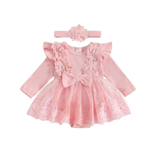 Baby Girl Lace Flowers Romper Dress with Headband
