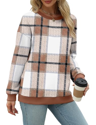 Saloogoe Sweaters for Women Fall Outfits 2025 Fashion Clothing Long Sleeve Tops Cute Old Money Clothes Plaid Shirts Brown L3