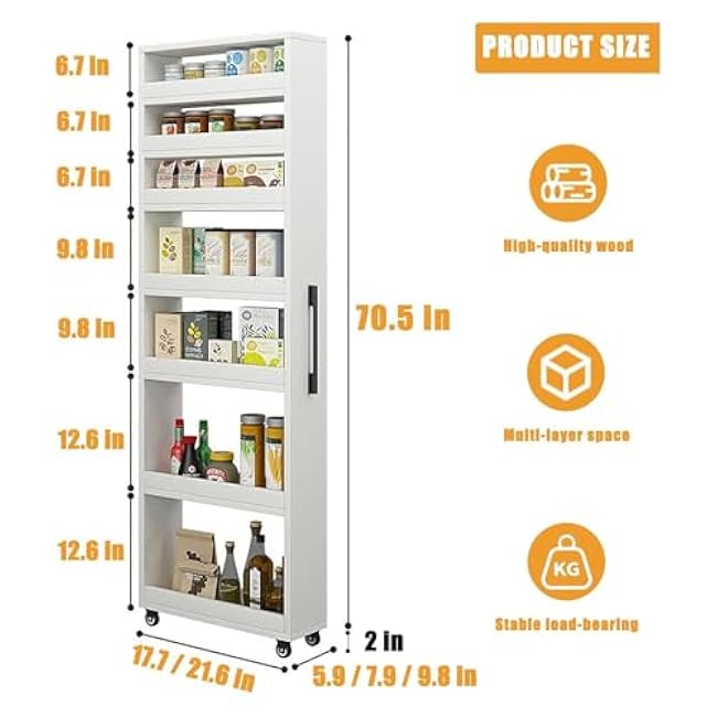 Wood Slim Storage Cart,Rolling Spice Rack Next to Fridge Slim,Rolling Cart for Kitchen Dining Room White 7.9¡Á17.7¡Á72.4in-QWK75lJg