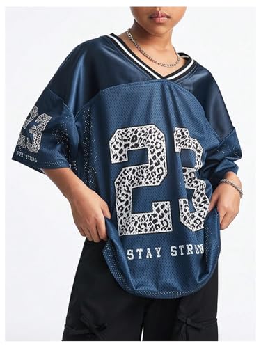 Image of Floerns Girl's Jersey Shirt Printed Oversized Short Sleeve Mesh Tee Shirts V Neck Sport Jersey Shirts