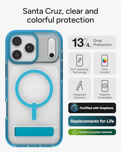 Image of ZAGG Santa Cruz Snap Case with Kickstand for iPhone 17 Pro Max - Tranquil Blue, Drop Protection (13ft /4m), MagSafe Charging Compatible, Anti-Yellowing Technology, Scratch Resistant Phone Case