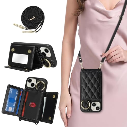 DEYHU for iPhone 13 Case with Card Holder and Strap for Women Crossbody Lanyard Make Up Mirror Ring Stand Snap Clasp Cute Phone Wallet Cases 6.1 inch - Black