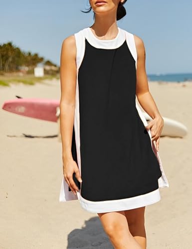 Women’s 2 Piece Sets Boho Color Block Dress Summer Casual Sleeveless Crewneck Tops Shorts Matching Set with Pockets3