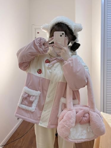 Women's Winter Corduroy Jacket Teen Girls Outerwear Warm Cute Strawberry Zipper Fleece Fuzzy Hooded Coat3