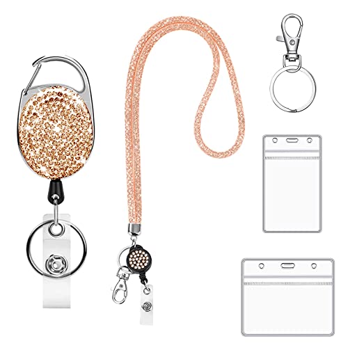 Xicommcn Kristall Lanyard mit Kartenhalter Set, Ausweishalter Ausziehbar Schlüsselanhänger, Badge ID Card Holder Halskette mit Umhängeband für Krankenschwester Kinder Büropersonal (Roségold) Cover
