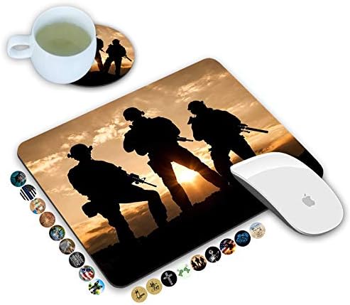 LOWORO Mouse Pad and Coasters Set, American Army Troops Military Mouse Pad, Non-Slip Rubber Base Rectangle Mouse Pads for Laptop and Computer Office Accessories