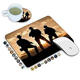 LOWORO Mouse Pad and Coasters Set, American Army Troops Military Mouse Pad, Non-Slip Rubber Base Rec