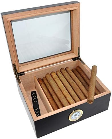 Eitida Desktop Humidor Case Holds 25-50 Cigar, Tempered Glass Top Display, Handcraft Spanish Cedar Wood Storage Box with Divider, Humidifier and Hygrometer, Ebony Black Finish.