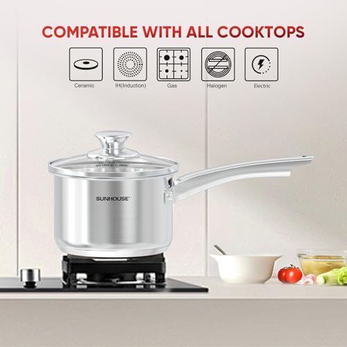 Image of SUNHOUSE 1.5 QT Stainless Steel Sauce Pan with Lid, Small Pot for Cooking | PFOA-Free Uncoated Milk Pan & Butter Warmer, Mini Saucepan with Impact Bonding Base for Induction, Gas, Electric