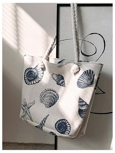 Bolso tote de lona para mujer de SHENHE con estampado de concha y estrella de mar, asas trenzadas, ideal para la playa, viajes y compras miniatura 2