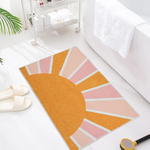 Image of Boho Bathroom Rugs 2x3 Washable Area Rug Modern Abstract Sun Print Non-Slip Bath Mat Distressed Floor Mat Carpet for Bedroom Bathroom Entryway Rainbow Sun