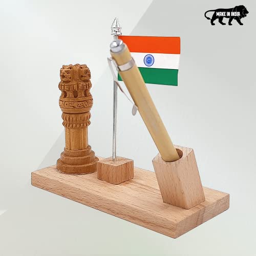 Image of Woodhouse Wooden Pen Stand with Flag, Ashoka Pillar, Office Table Stylish (WH-53)