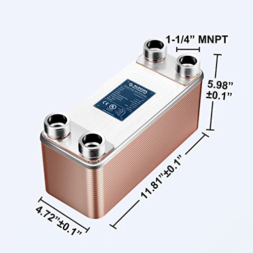 Alecoil 5\"x12\" 50 Plates Heat Exchanger with 1-1/4\" MPT Port Water to Water 316L Stainless Steel Brazed Plate Heat Exchanger for Water Heating, Floor Heating, Commercial and Industrial Refrigeration