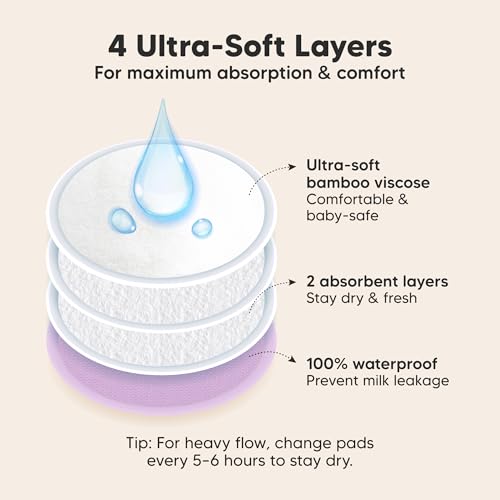 Image of Organic Nursing Pads - 14 Washable Breast Pads for Breastfeeding, Wash Bag, Viscose Derived from Bamboo Reusable Nipple Covers for Breastfeeding Essentials, Soft & Absorbent (Violet, L 5 inch)