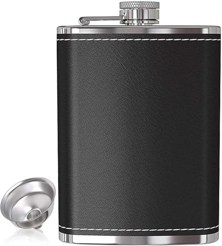 Image of Hip Flask 8oz,Alcohol Flask 304 Stainless Steel Flagon Black Hip Flask Leakproof Whiskey Flask with Leather Wrapped Cover,Portable Pocket Whisky Flaskk